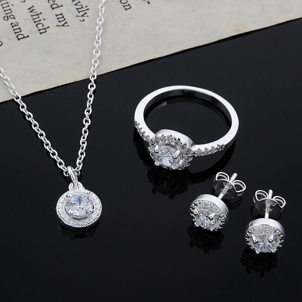 Collar + pendientes + anillo ajustable hechos a mano en plata de ley y circonitas - regalo exclusivo